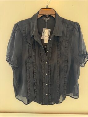 J. Crew Sheer Black Ruffle-Trim Button Front Blouse